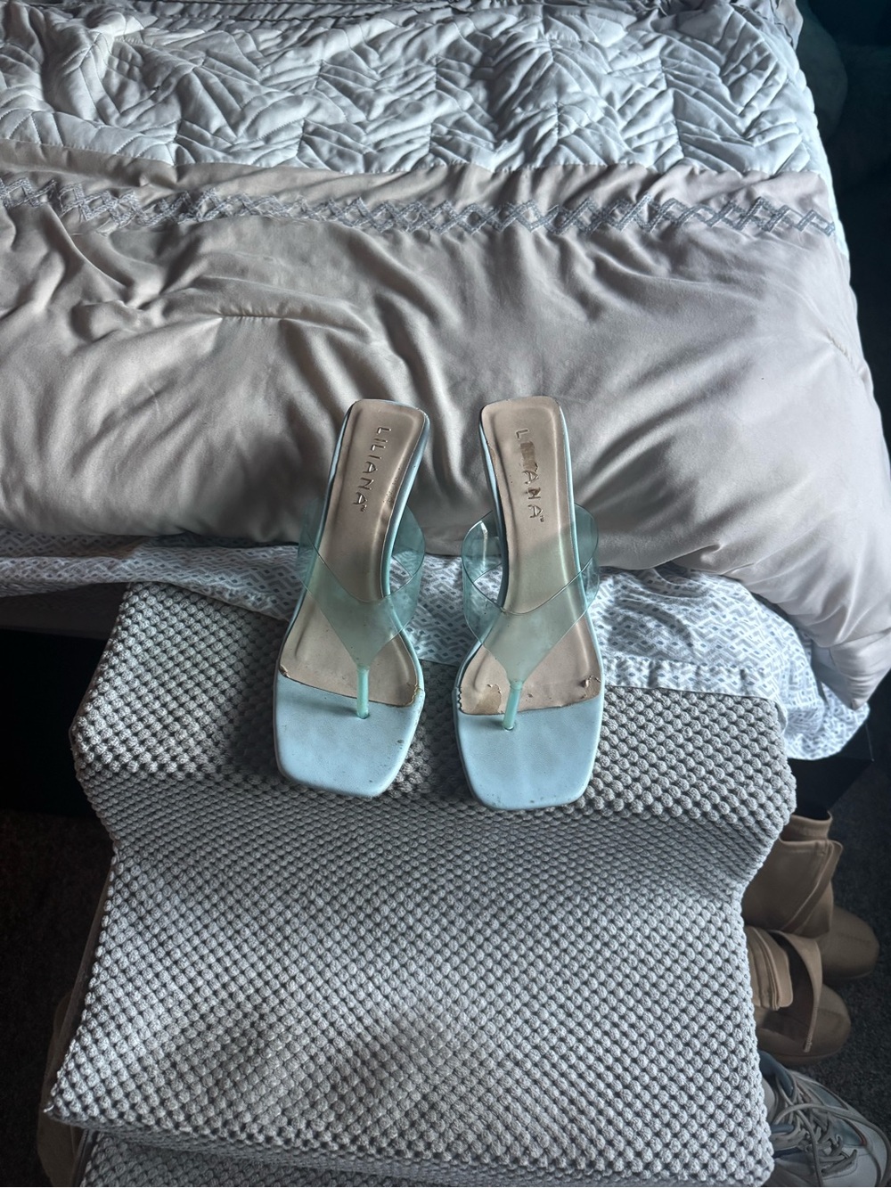 Liliana Light Blue Clear-Strap Square-Toe Slide Heels